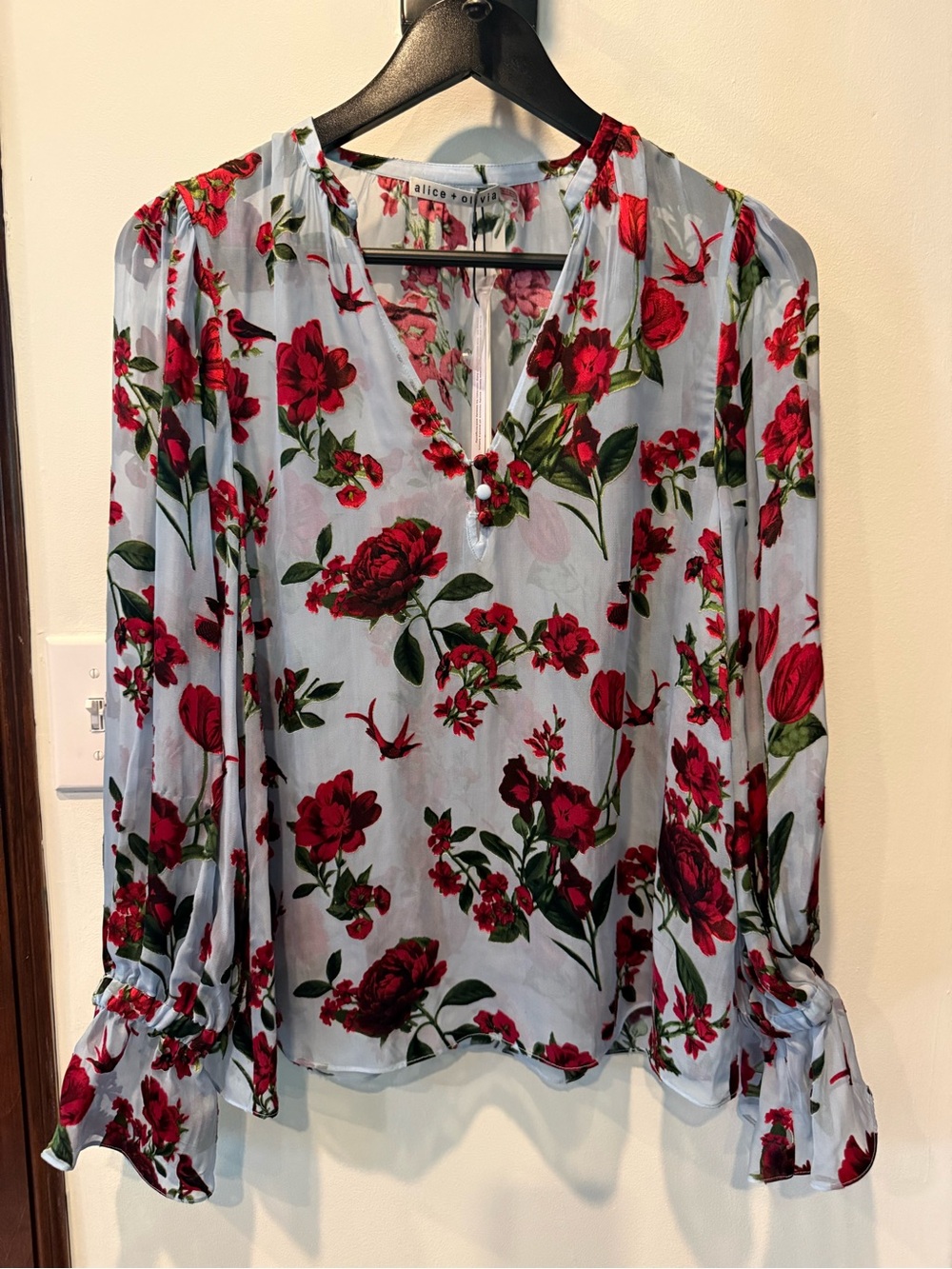 Alice + Olivia Pale Blue Blouse with Red Floral Print